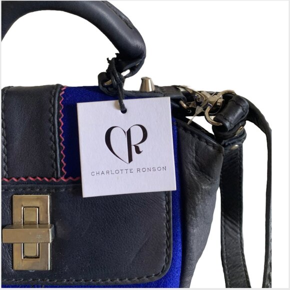 NWT Charlotte Ronson Navy Blue Wool & Black Leather Panel Crossbody Handbag - Picture 7 of 11